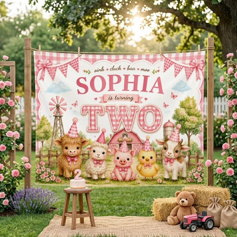 Personalized Farm Animal Birthday Banner for Girls Turning Two, Pink Gingham Silk Backdrop with Child's Name, Perfect Party Decoration