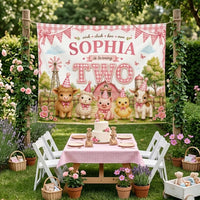 Personalized Farm Animal Birthday Banner for Girls Turning Two, Pink Gingham Silk Backdrop with Child's Name, Perfect Party Decoration