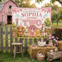 Personalized Farm Animal Birthday Banner for Girls Turning Two, Pink Gingham Silk Backdrop with Child's Name, Perfect Party Decoration