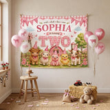 Personalized Farm Animal Birthday Banner for Girls Turning Two, Pink Gingham Silk Backdrop with Child's Name, Perfect Party Decoration