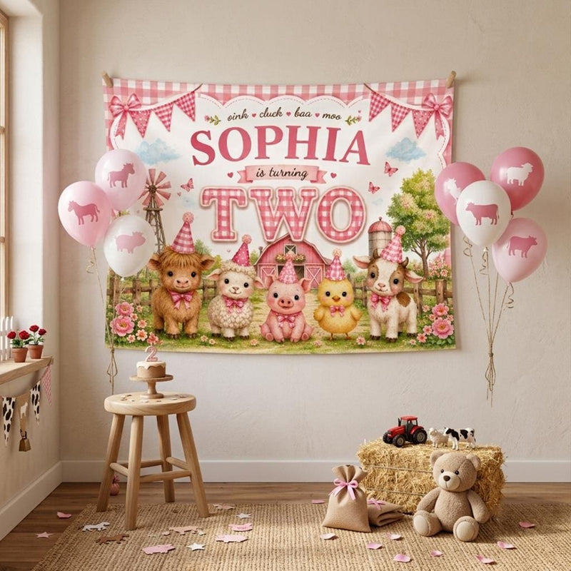 Personalized Farm Animal Birthday Banner for Girls Turning Two, Pink Gingham Silk Backdrop with Child's Name, Perfect Party Decoration
