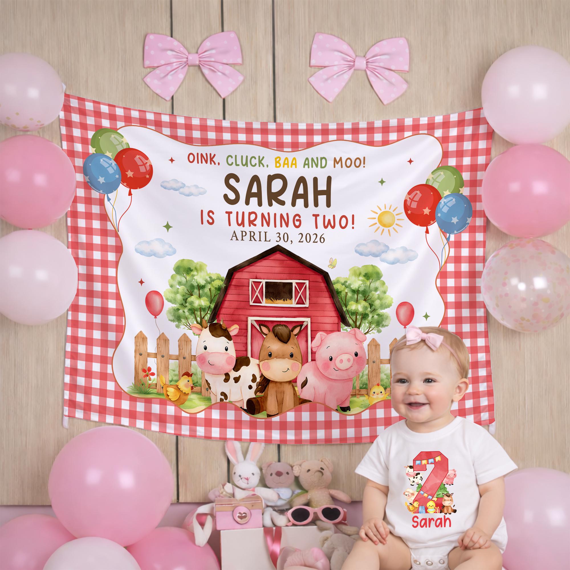 Personalized Farm Animal Birthday Romper for Toddler Girl, Custom Name Outfit with Red Number Two, Cartoon Cow Horse Pig Chick Design