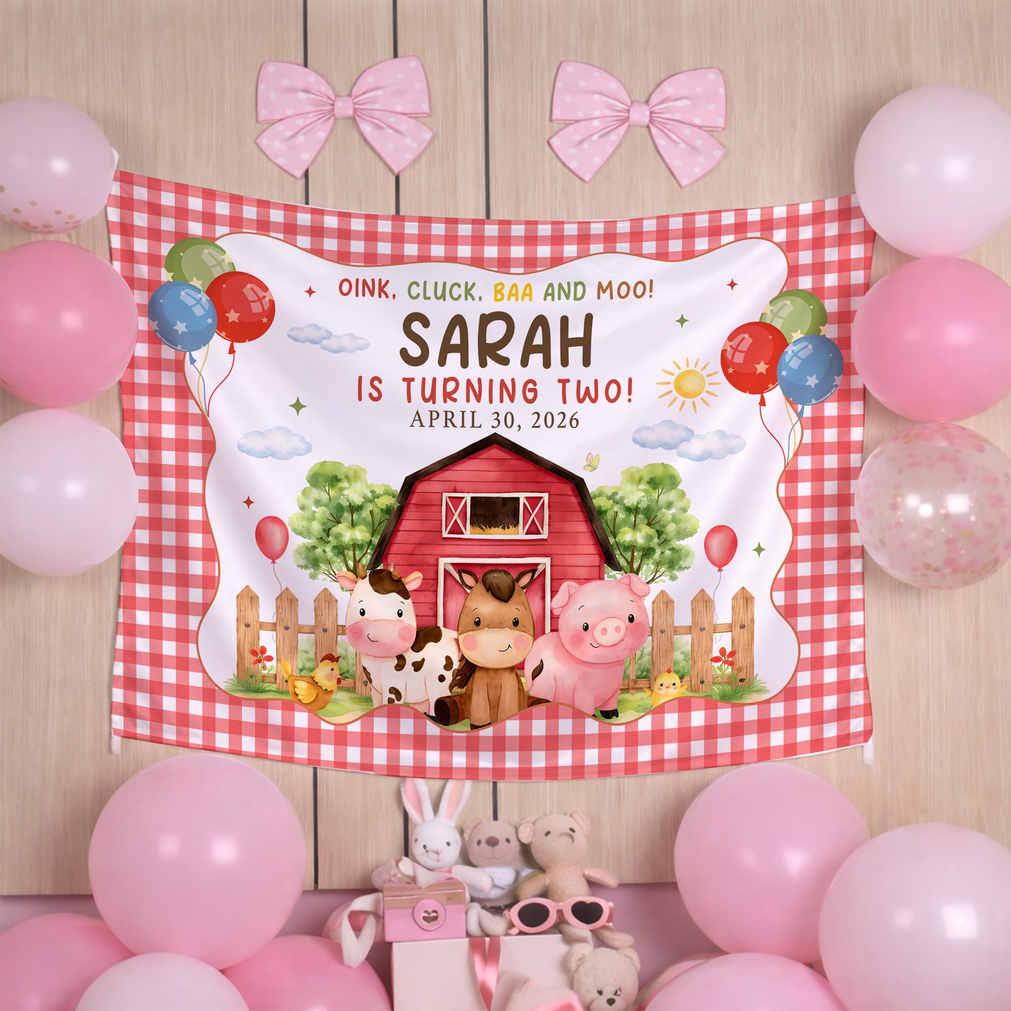 Personalized Farm Animal Birthday Romper for Toddler Girl, Custom Name Outfit with Red Number Two, Cartoon Cow Horse Pig Chick Design