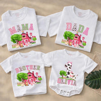 Personalized Farm Animal Matching Family Shirts, Pink Barn Birthday Outfits for Baby, Toddler, Mom, Dad, Soft Cotton Farm Theme Tees
