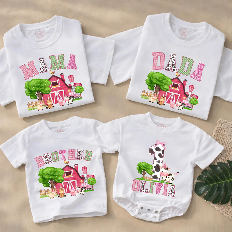 Personalized Farm Animal Matching Family Shirts, Pink Barn Birthday Outfits for Baby, Toddler, Mom, Dad, Soft Cotton Farm Theme Tees
