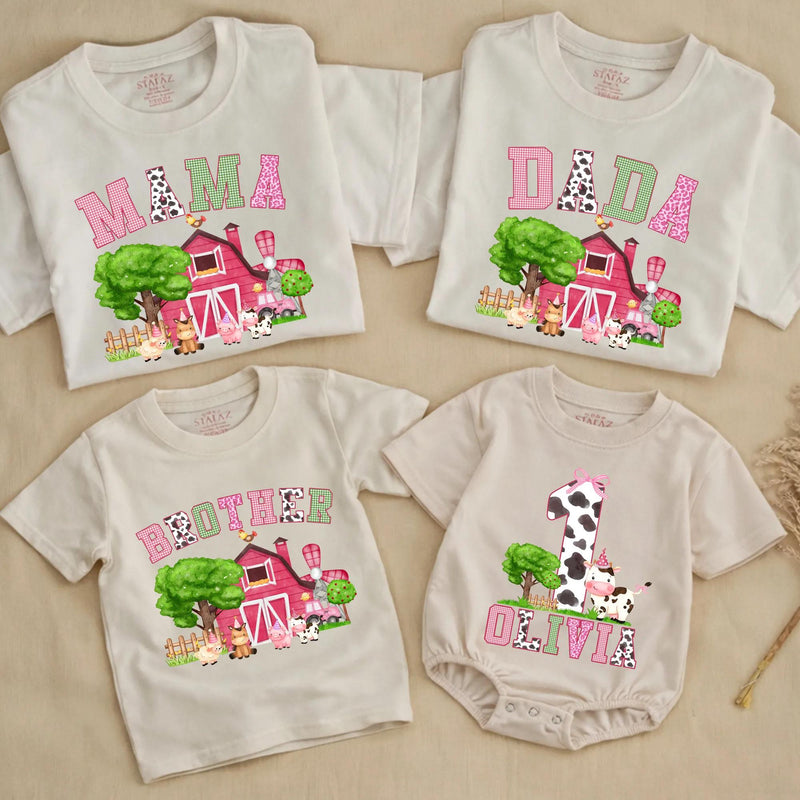 Personalized Farm Animal Matching Family Shirts, Pink Barn Birthday Outfits for Baby, Toddler, Mom, Dad, Soft Cotton Farm Theme Tees