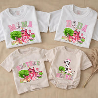 Personalized Farm Animal Matching Family Shirts, Pink Barn Birthday Outfits for Baby, Toddler, Mom, Dad, Soft Cotton Farm Theme Tees