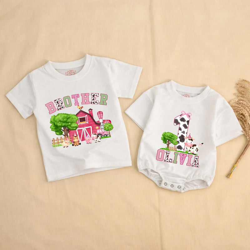 Personalized Farm Animal Matching Family Shirts, Pink Barn Birthday Outfits for Baby, Toddler, Mom, Dad, Soft Cotton Farm Theme Tees