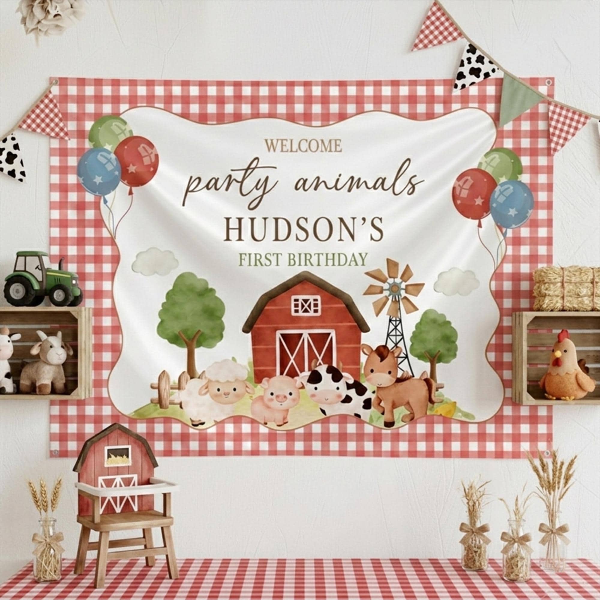Personalized Farm Animals First Birthday Banner with Red Barnyard Design, Party Animal Photo Backdrop Décor for Baby or Toddler Celebration