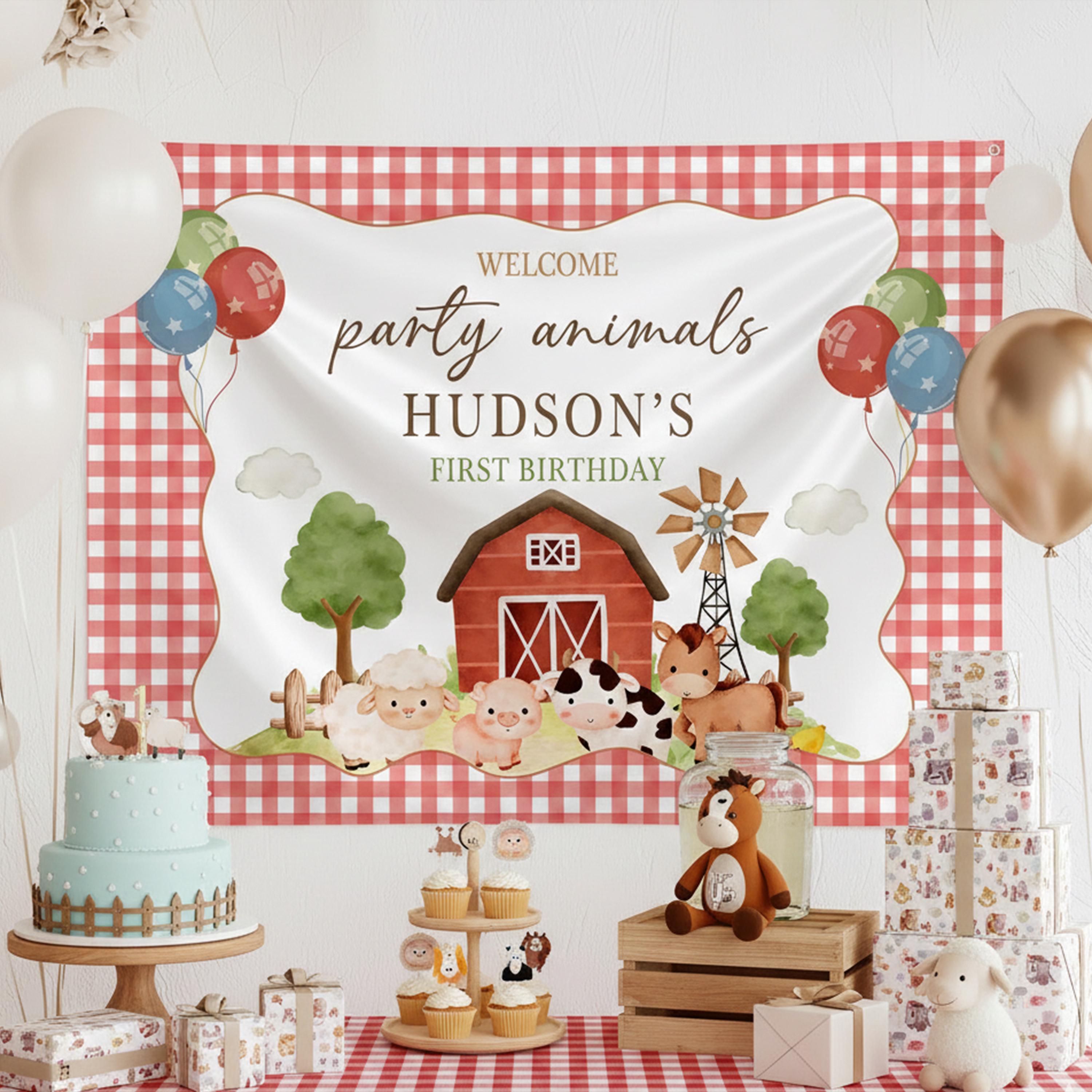Personalized Farm Animals First Birthday Banner with Red Barnyard Design, Party Animal Photo Backdrop Décor for Baby or Toddler Celebration
