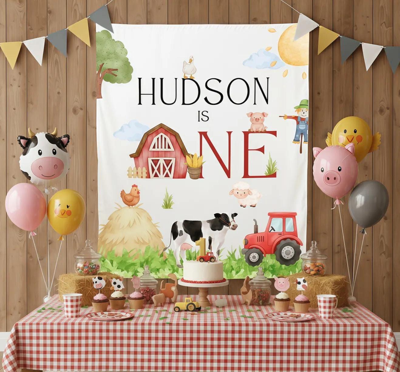 Personalized Farm Birthday Banner with Barnyard Animals and Red Tractor for One Year Old Party Decor, Cheerful Custom Backdrop Design