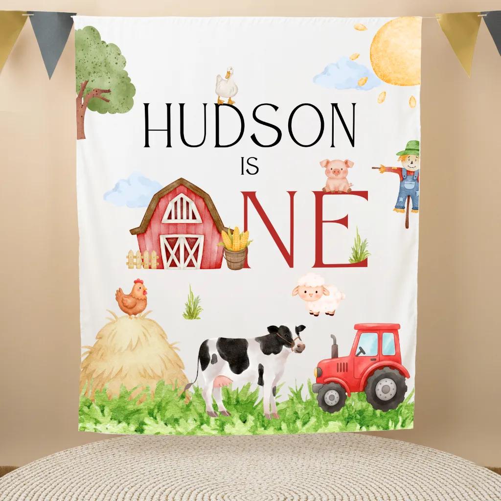 Personalized Farm Birthday Banner with Barnyard Animals and Red Tractor for One Year Old Party Decor, Cheerful Custom Backdrop Design