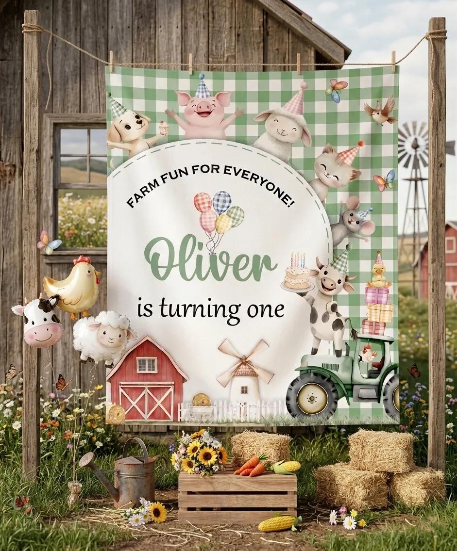 Personalized Farm Birthday Banner with Green Gingham Border, Barnyard Animals and Tractor Design for Baby Party Decor, Custom Name First Birthday