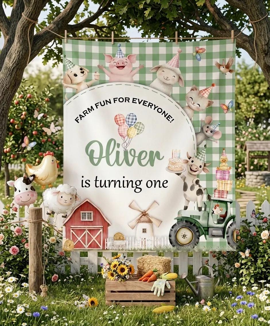 Personalized Farm Birthday Banner with Green Gingham Border, Barnyard Animals and Tractor Design for Baby Party Decor, Custom Name First Birthday