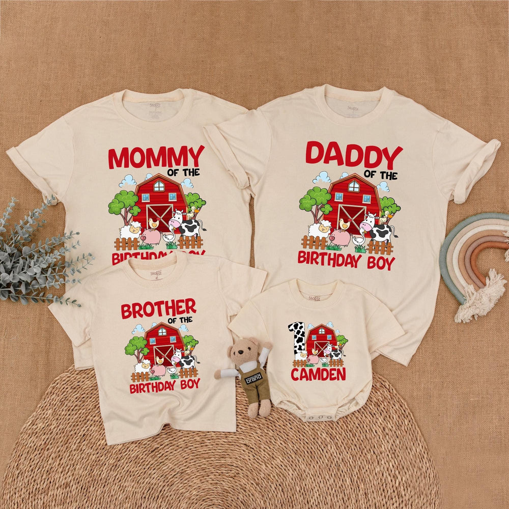 Personalized Farm Birthday Family Shirt with Red Barn and Animals Custom Name Matching Outfit for Party Toddler Baby Boy First Birthday