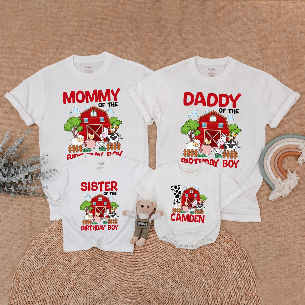 Personalized Farm Birthday Family Shirt with Red Barn and Animals Custom Name Matching Outfit for Party Toddler Baby Boy First Birthday