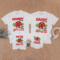 Personalized Farm Birthday Family Shirt with Red Barn and Animals Custom Name Matching Outfit for Party Toddler Baby Boy First Birthday