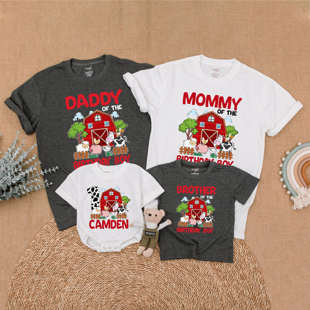 Personalized Farm Birthday Family Shirt with Red Barn and Animals Custom Name Matching Outfit for Party Toddler Baby Boy First Birthday