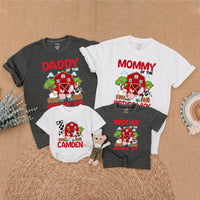 Personalized Farm Birthday Family Shirt with Red Barn and Animals Custom Name Matching Outfit for Party Toddler Baby Boy First Birthday
