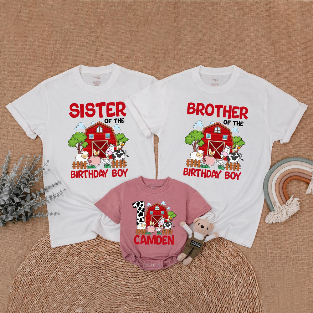 Personalized Farm Birthday Family Shirt with Red Barn and Animals Custom Name Matching Outfit for Party Toddler Baby Boy First Birthday