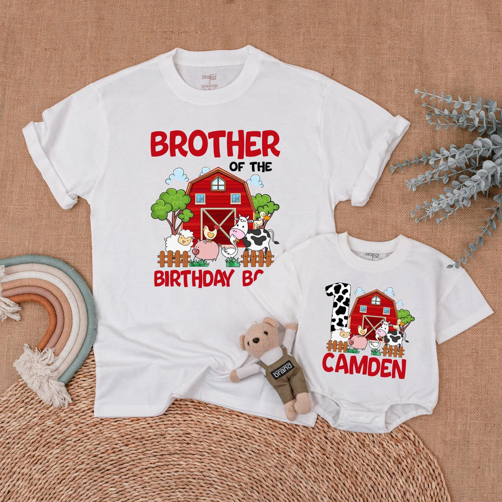 Personalized Farm Birthday Family Shirt with Red Barn and Animals Custom Name Matching Outfit for Party Toddler Baby Boy First Birthday