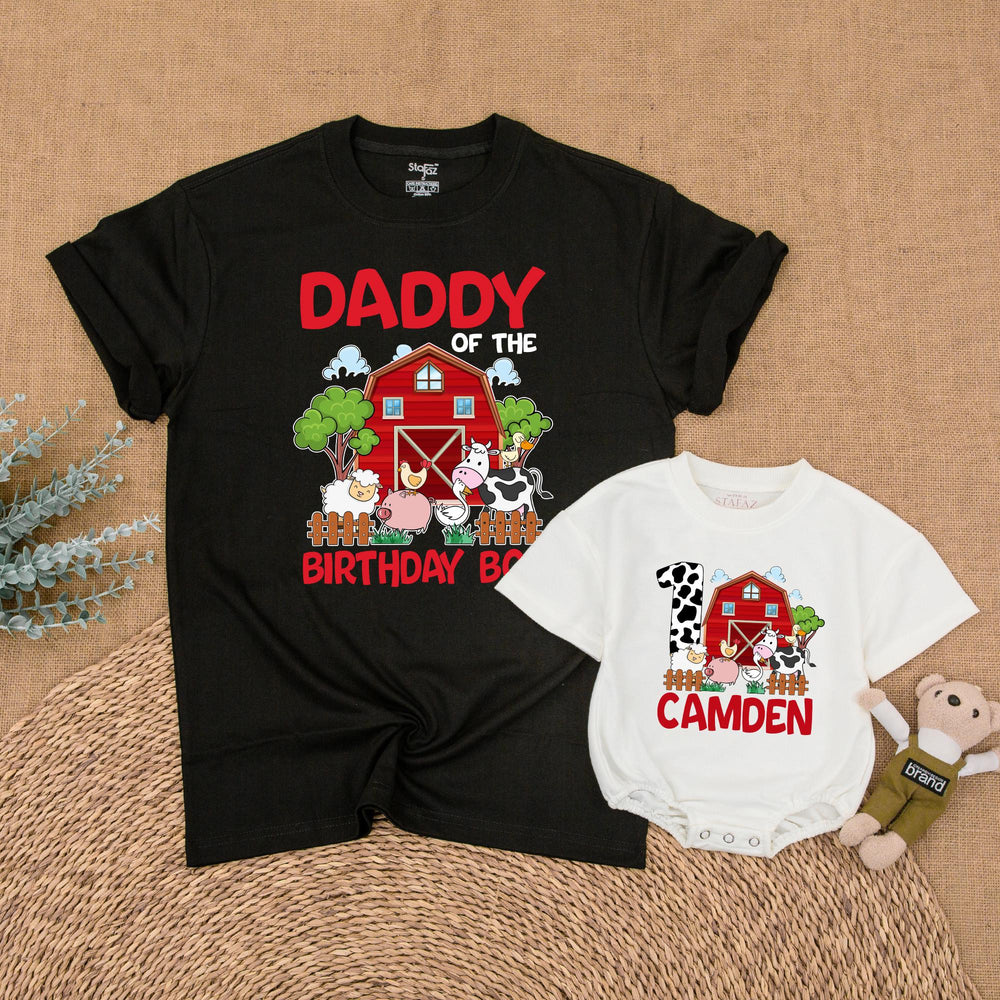Personalized Farm Birthday Family Shirt with Red Barn and Animals Custom Name Matching Outfit for Party Toddler Baby Boy First Birthday