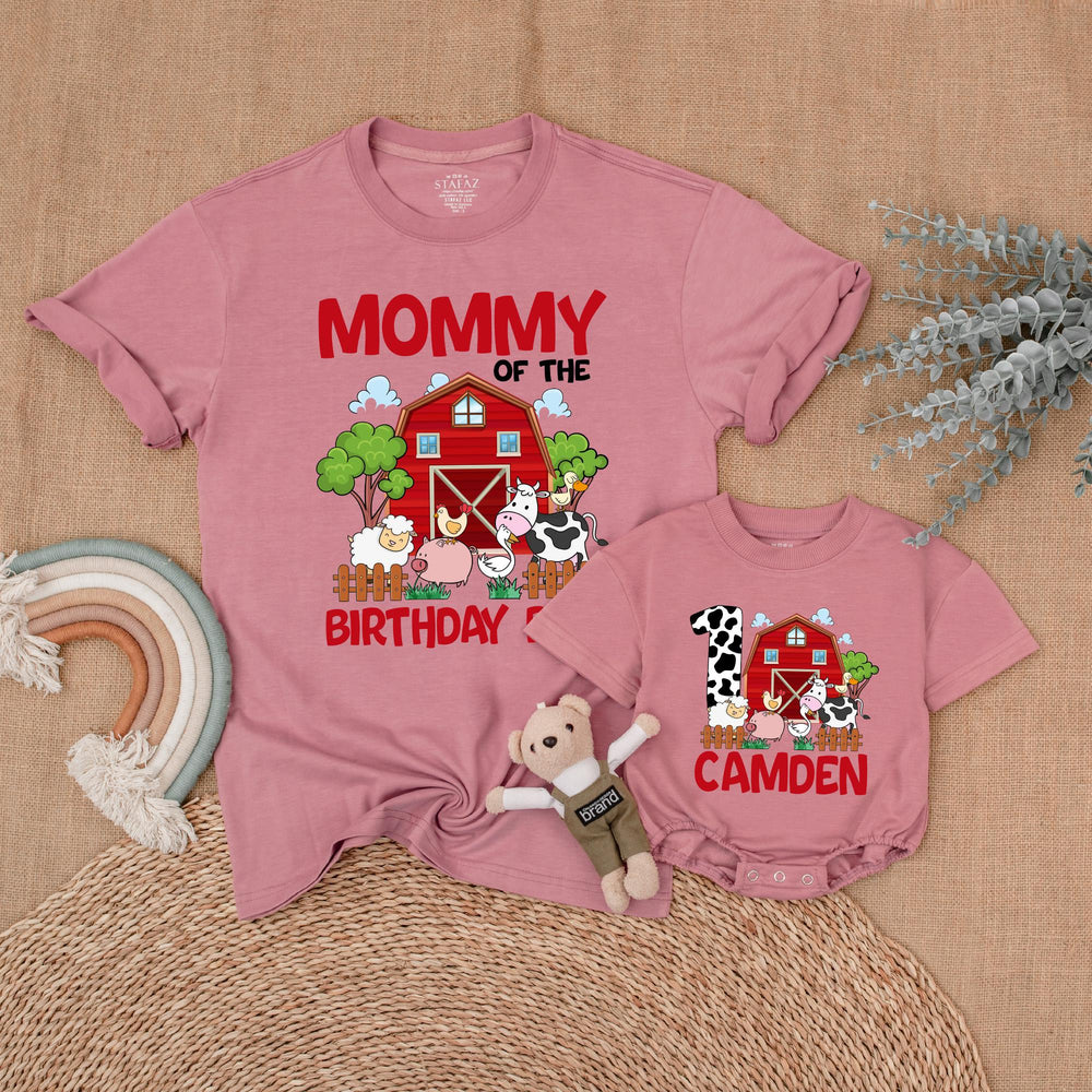 Personalized Farm Birthday Family Shirt with Red Barn and Animals Custom Name Matching Outfit for Party Toddler Baby Boy First Birthday