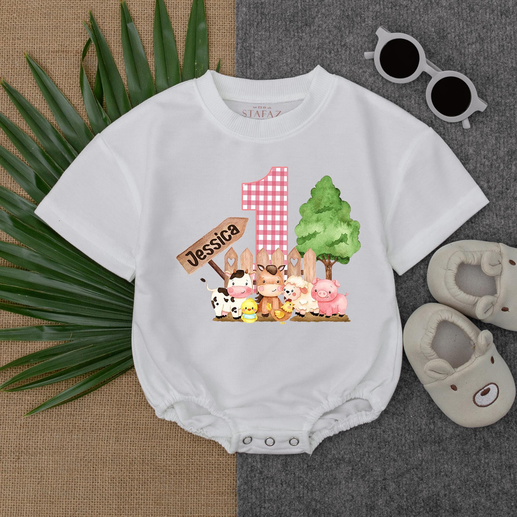Personalized Farm Birthday Romper with Pink Gingham and Cute Animals for Baby Girl's First Birthday Outfit Custom Name Gift