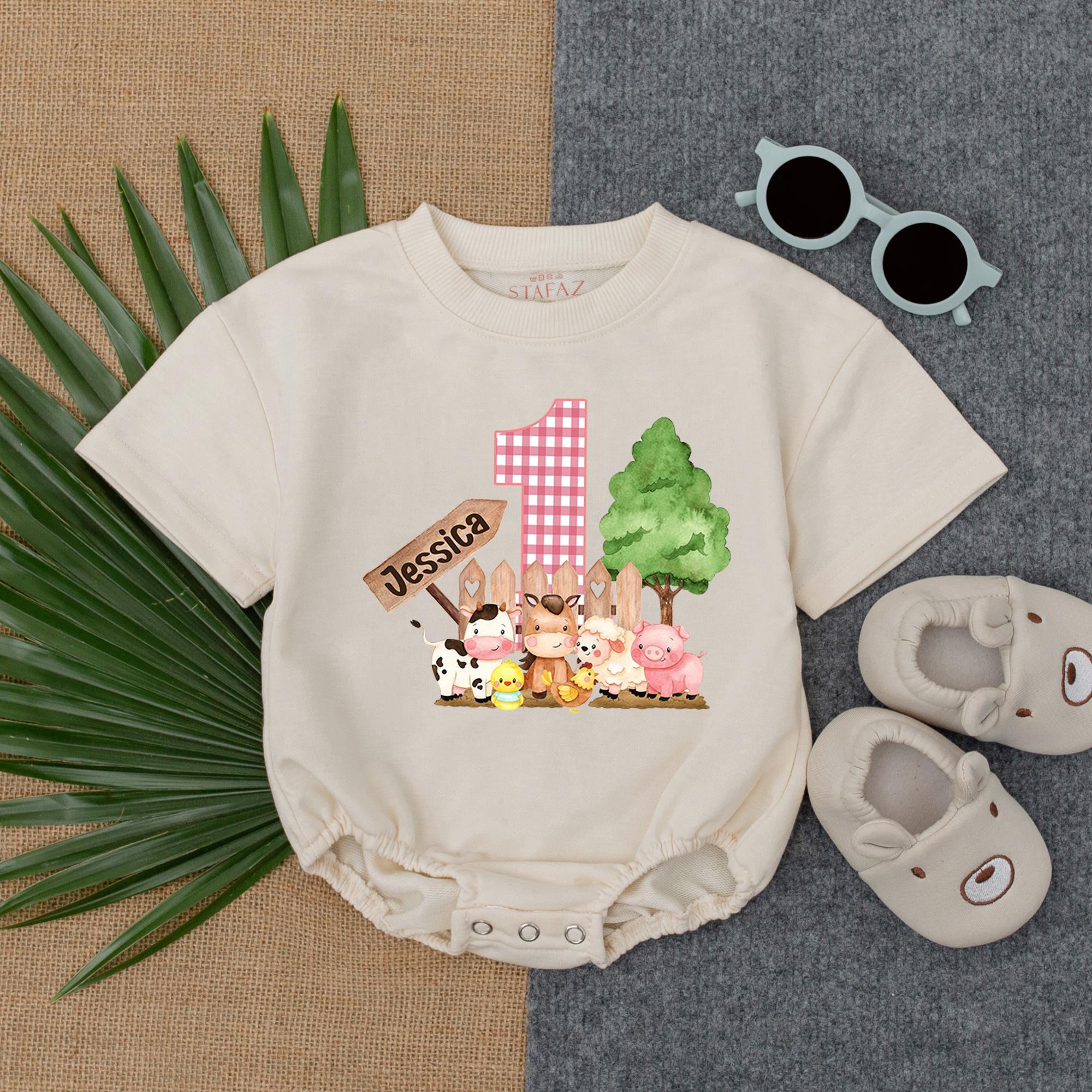 Personalized Farm Birthday Romper with Pink Gingham and Cute Animals for Baby Girl's First Birthday Outfit Custom Name Gift
