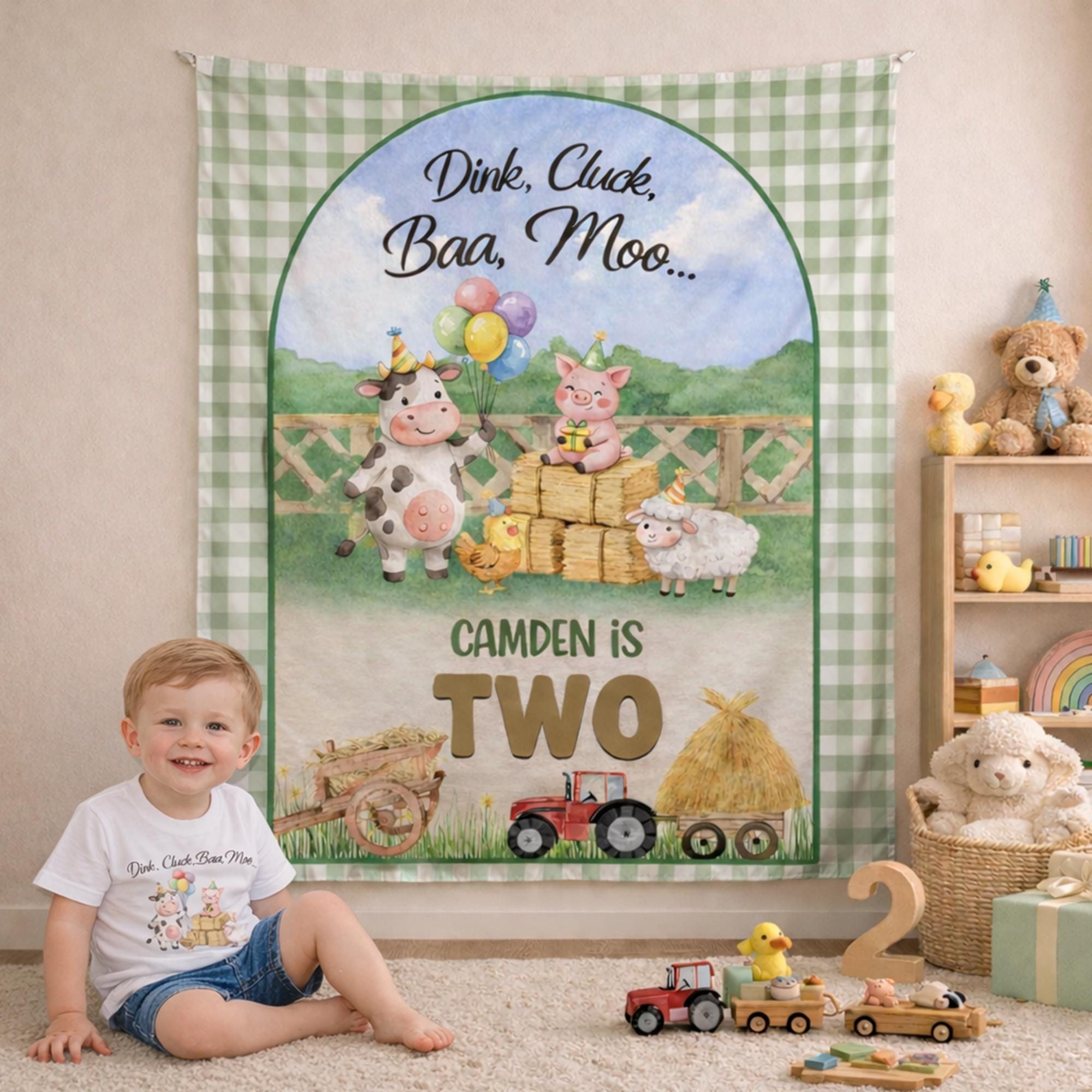 Personalized Farm Second Birthday Shirt and Banner for Toddler Party, Two Themed Celebration Decor with Cow, Dink Cluck Baa Moo Design