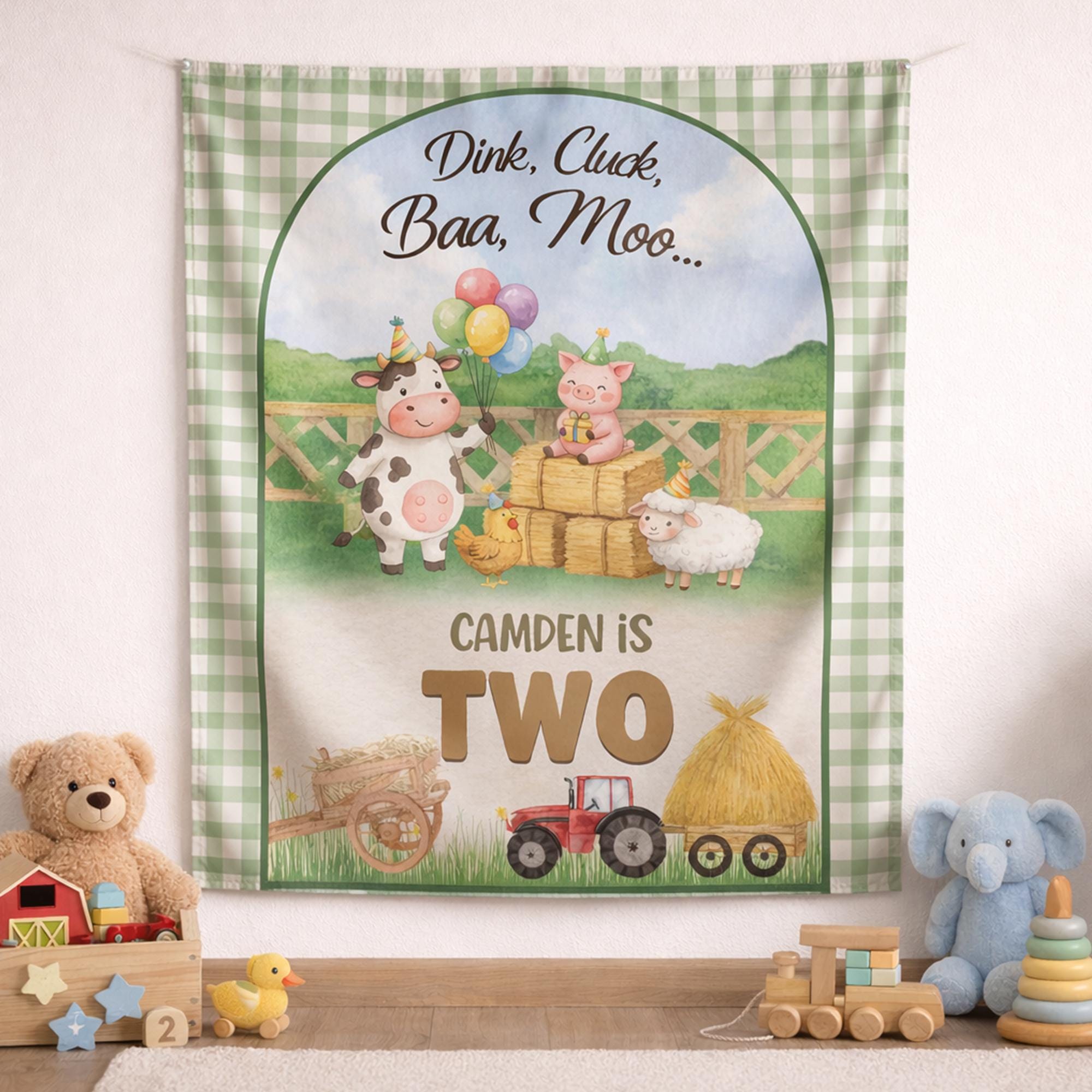 Personalized Farm Second Birthday Shirt and Banner for Toddler Party, Two Themed Celebration Decor with Cow, Dink Cluck Baa Moo Design