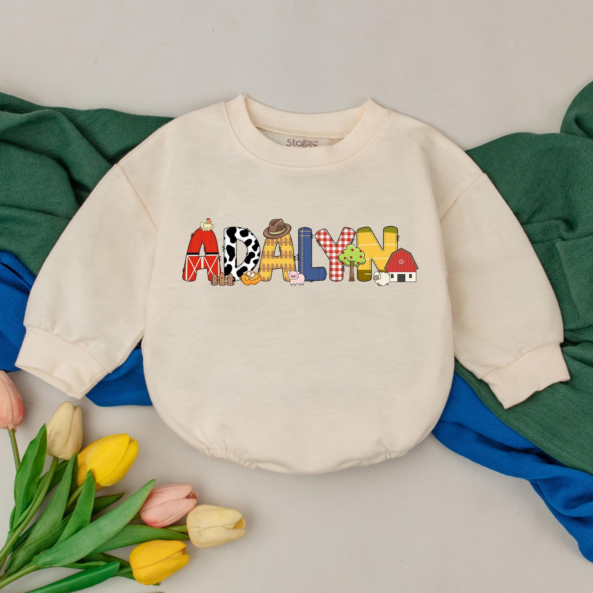 Personalized Farm Themed Baby Romper Colorful Barnyard Design Birthday Bodysuit Adalyn's Playful Outfit Country Western Infant Clothes Gift