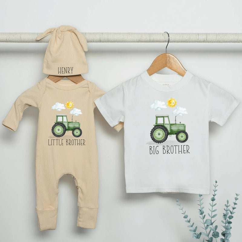Personalized Farm Tractor Big Brother Little Brother Shirts Baby Toddler Outfit Cotton Soft Rustic Design New Baby Announcement Gift