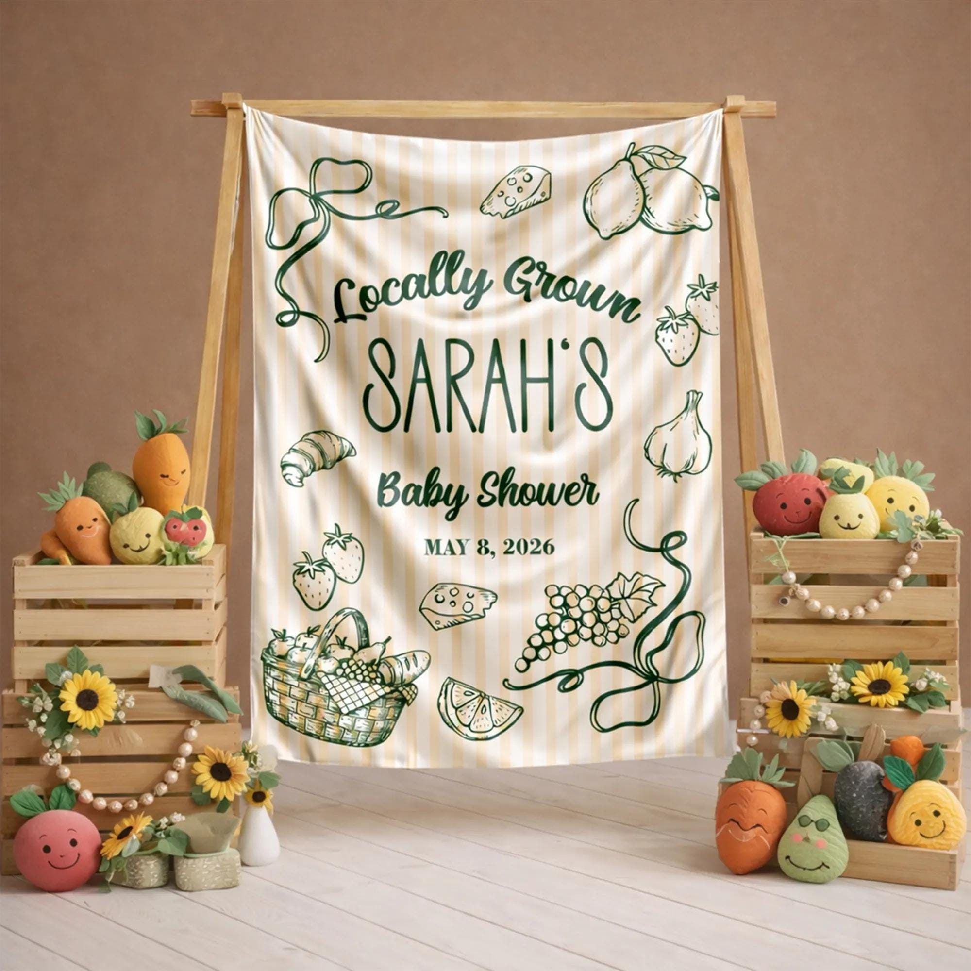Personalized Farmers Market Baby Shower Silk Banner with Rustic Cream Stripes and Green Illustrations Custom Name and Date Decor