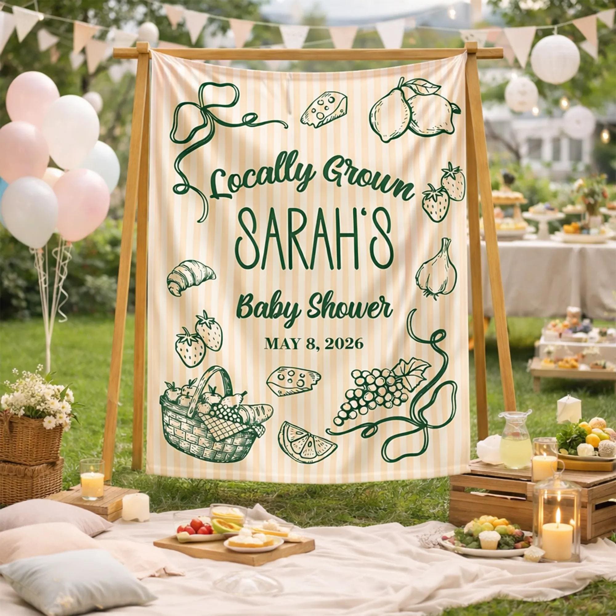 Personalized Farmers Market Baby Shower Silk Banner with Rustic Cream Stripes and Green Illustrations Custom Name and Date Decor