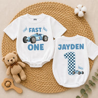 Personalized Fast One Baby Boy Birthday Romper with Blue Race Car and Checkered Number 1, Custom Name First Birthday Outfit Gift