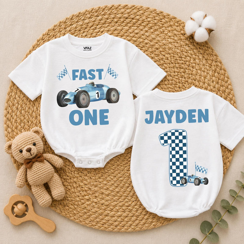 Personalized Fast One Baby Boy Birthday Romper with Blue Race Car and Checkered Number 1, Custom Name First Birthday Outfit Gift