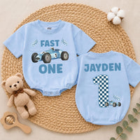 Personalized Fast One Baby Boy Birthday Romper with Blue Race Car and Checkered Number 1, Custom Name First Birthday Outfit Gift