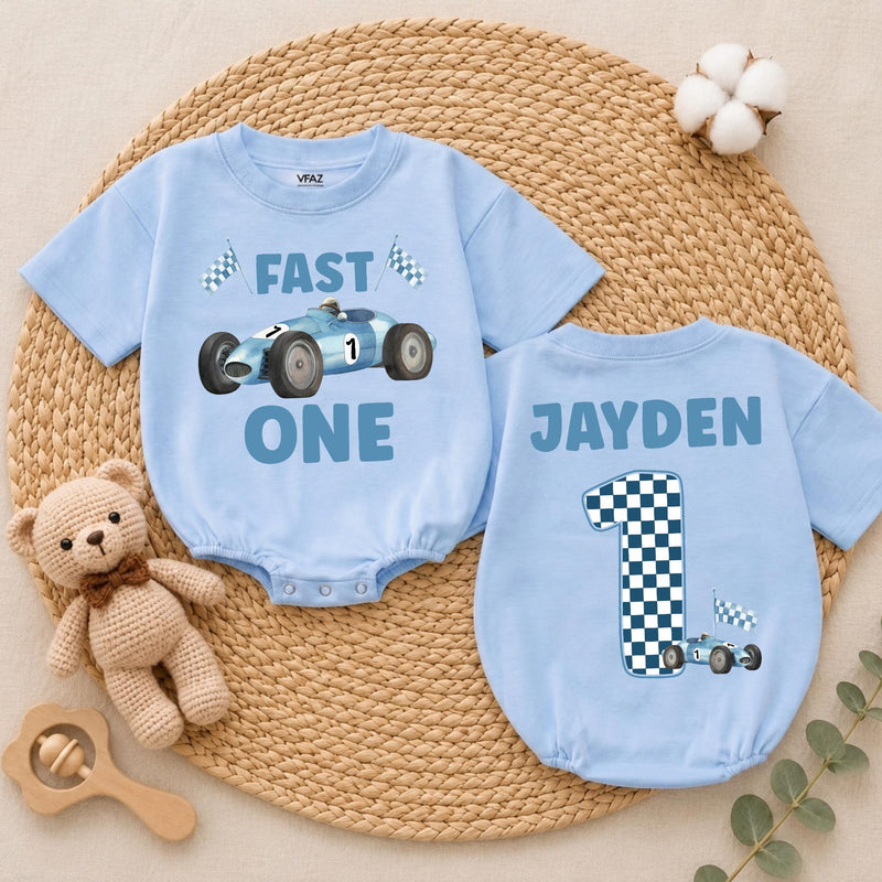Personalized Fast One Baby Boy Birthday Romper with Blue Race Car and Checkered Number 1, Custom Name First Birthday Outfit Gift