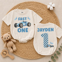 Personalized Fast One Baby Boy Birthday Romper with Blue Race Car and Checkered Number 1, Custom Name First Birthday Outfit Gift