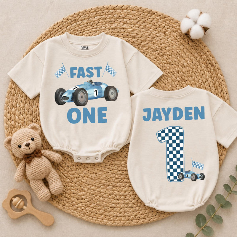 Personalized Fast One Baby Boy Birthday Romper with Blue Race Car and Checkered Number 1, Custom Name First Birthday Outfit Gift