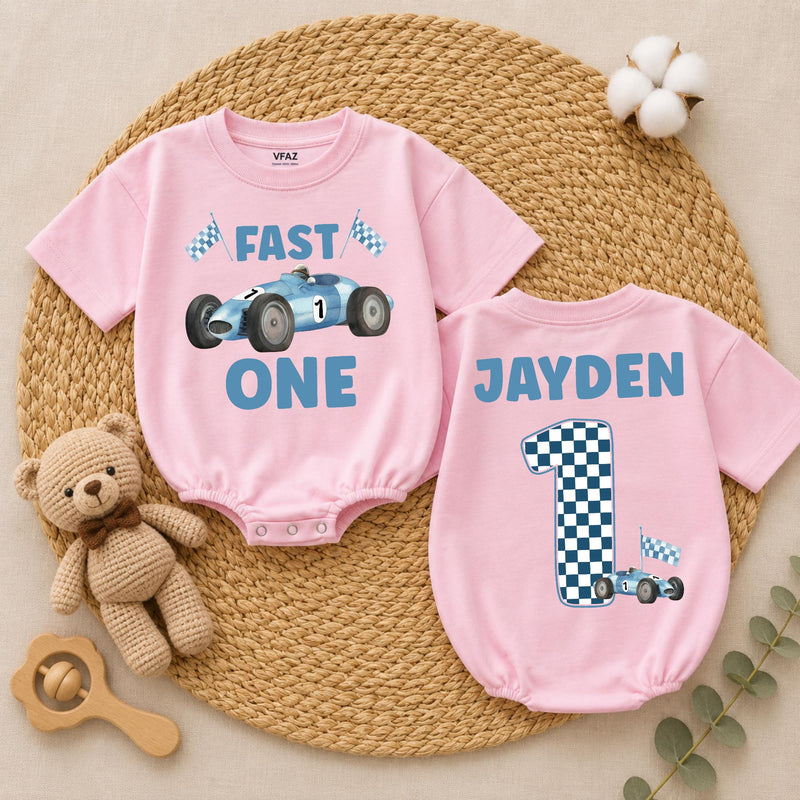 Personalized Fast One Baby Boy Birthday Romper with Blue Race Car and Checkered Number 1, Custom Name First Birthday Outfit Gift