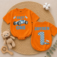 Personalized Fast One Baby Boy Birthday Romper with Blue Race Car and Checkered Number 1, Custom Name First Birthday Outfit Gift