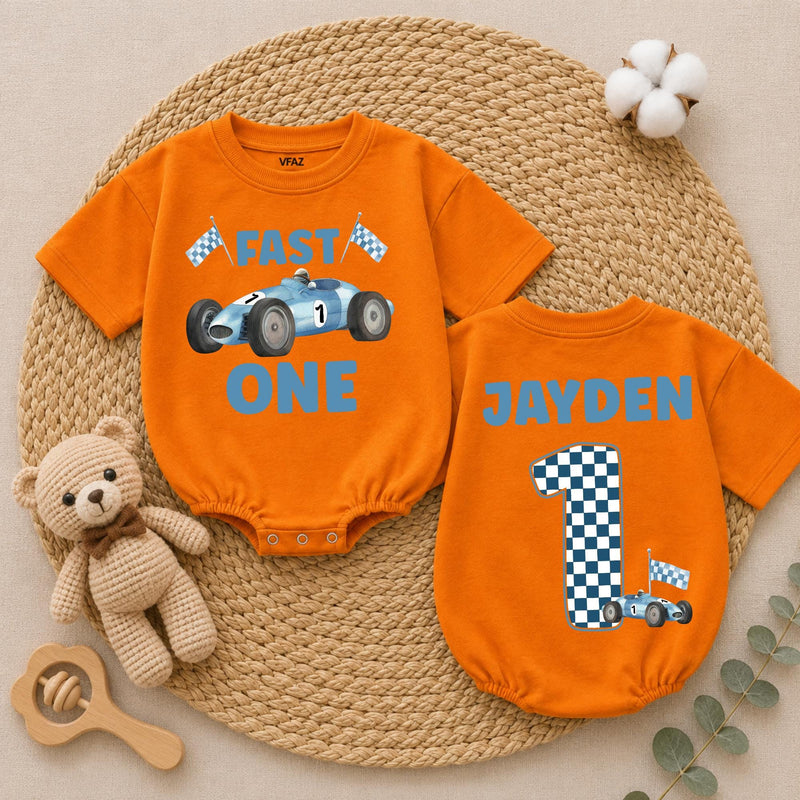 Personalized Fast One Baby Boy Birthday Romper with Blue Race Car and Checkered Number 1, Custom Name First Birthday Outfit Gift