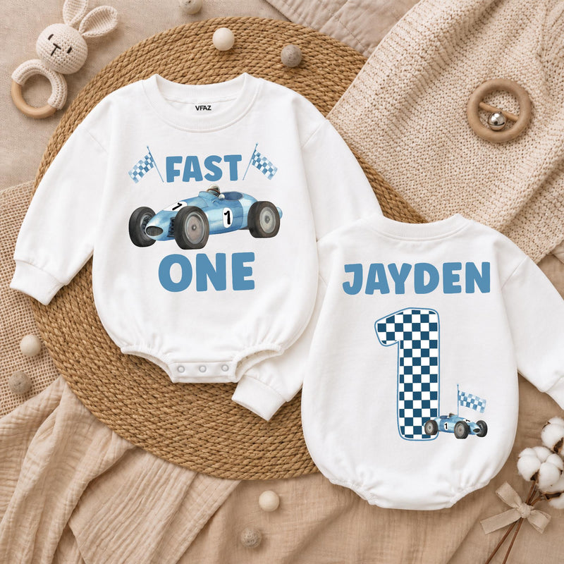 Personalized Fast One Baby Boy Birthday Romper with Blue Race Car and Checkered Number 1, Custom Name First Birthday Outfit Gift