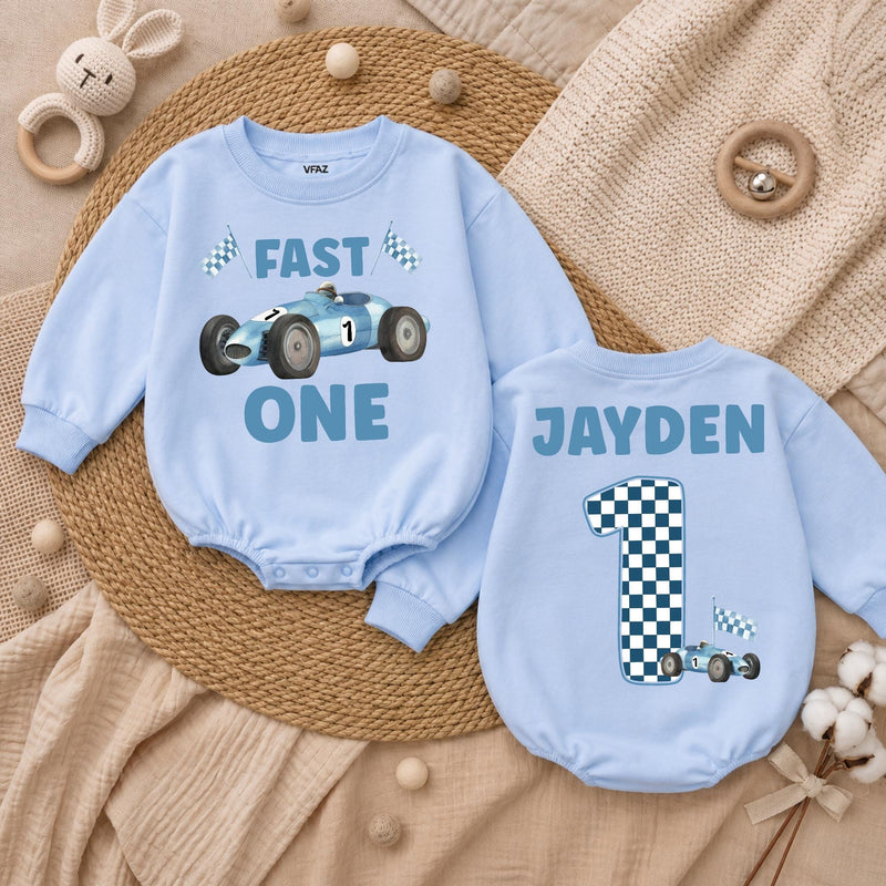 Personalized Fast One Baby Boy Birthday Romper with Blue Race Car and Checkered Number 1, Custom Name First Birthday Outfit Gift
