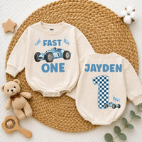 Personalized Fast One Baby Boy Birthday Romper with Blue Race Car and Checkered Number 1, Custom Name First Birthday Outfit Gift