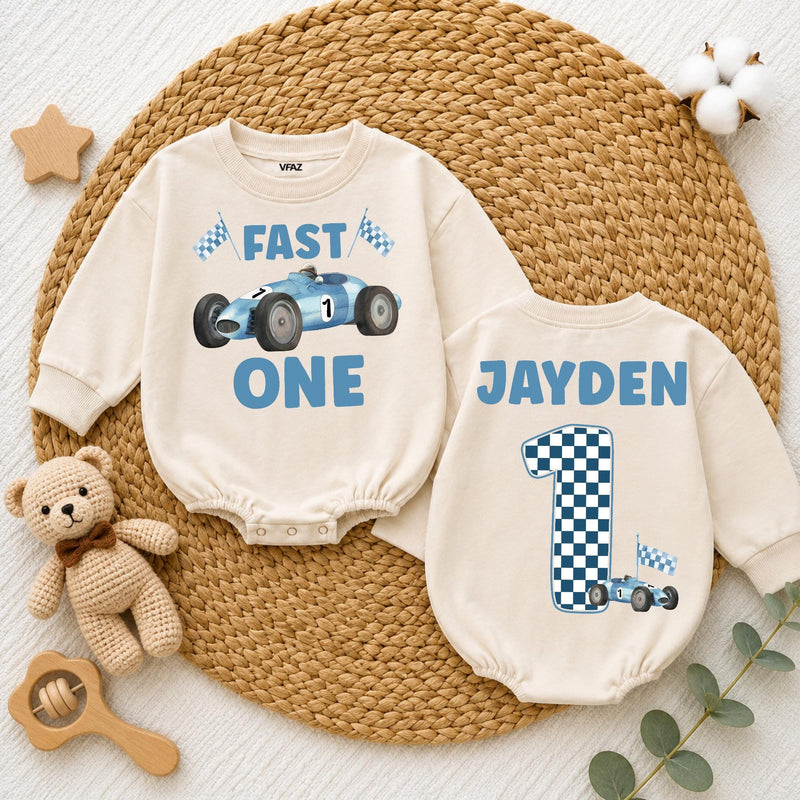 Personalized Fast One Baby Boy Birthday Romper with Blue Race Car and Checkered Number 1, Custom Name First Birthday Outfit Gift