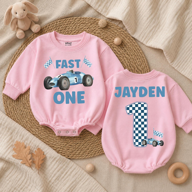 Personalized Fast One Baby Boy Birthday Romper with Blue Race Car and Checkered Number 1, Custom Name First Birthday Outfit Gift