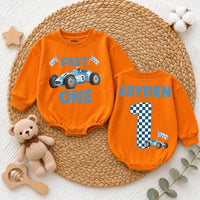 Personalized Fast One Baby Boy Birthday Romper with Blue Race Car and Checkered Number 1, Custom Name First Birthday Outfit Gift
